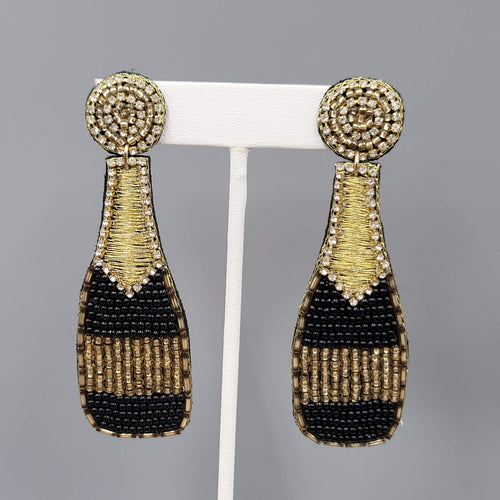 Champagne Bottle Pierced Earrings Seed Bead Felt Long Statement 3.25"