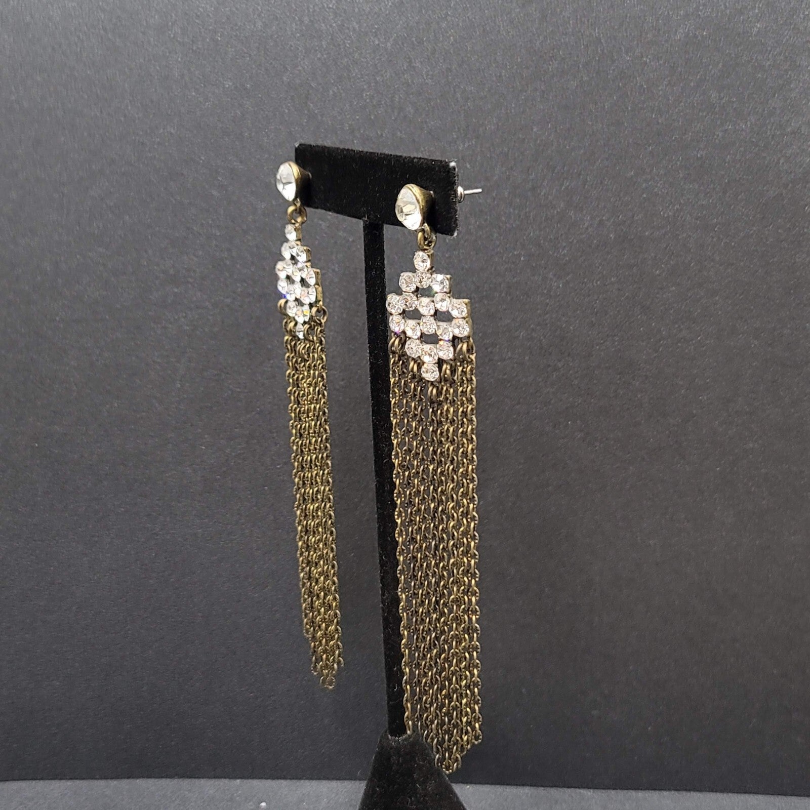 Pierced Earrings Bronze tone Sparkle Rhinestone Chain Dangle Long 4.5"