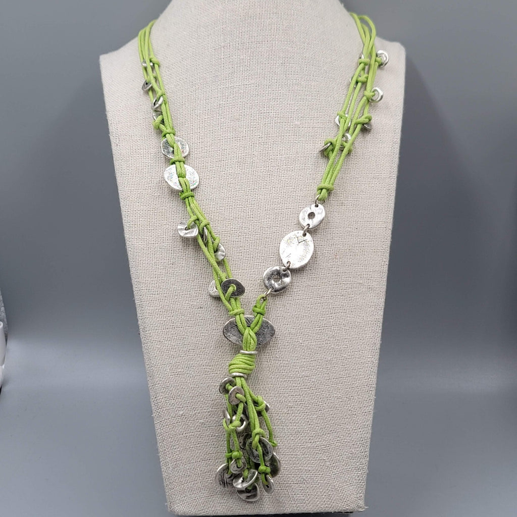 Coldwater Creek Necklace Green Cord Silver tone Accents 20"