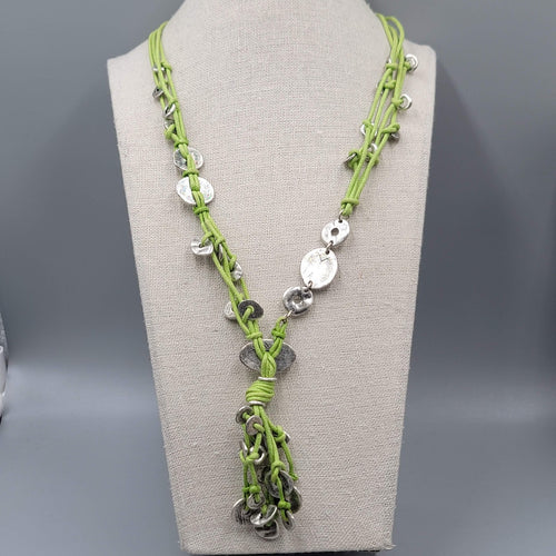 Coldwater Creek Necklace Green Cord Silver tone Accents 20"