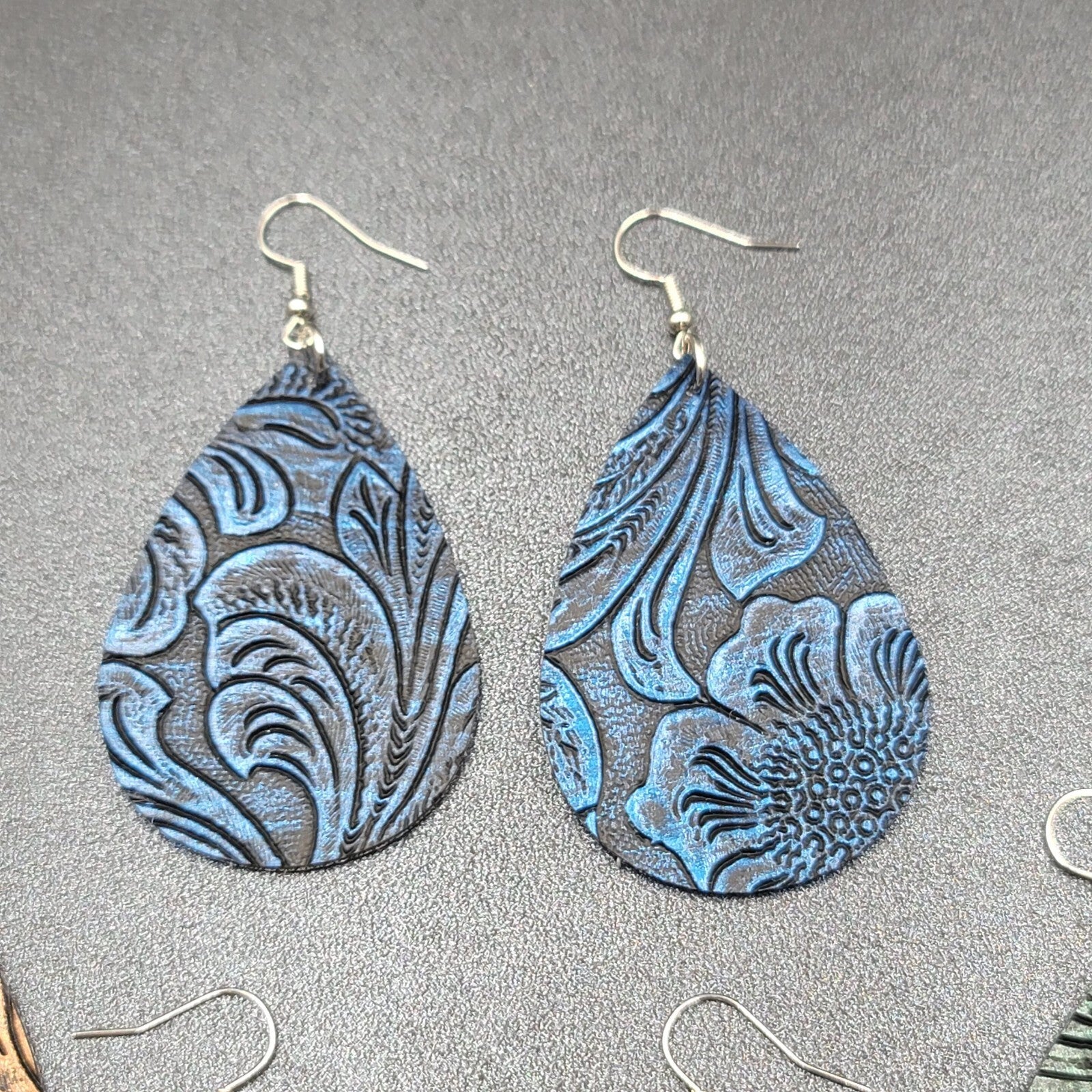 Lot of 3 Pierced Earrings Faux Tooled Leather Gold Green Blue 2.25"