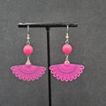 Pierced Earrings Hot Pink Enamel over Metal Fan Bead Dangle 1.75"