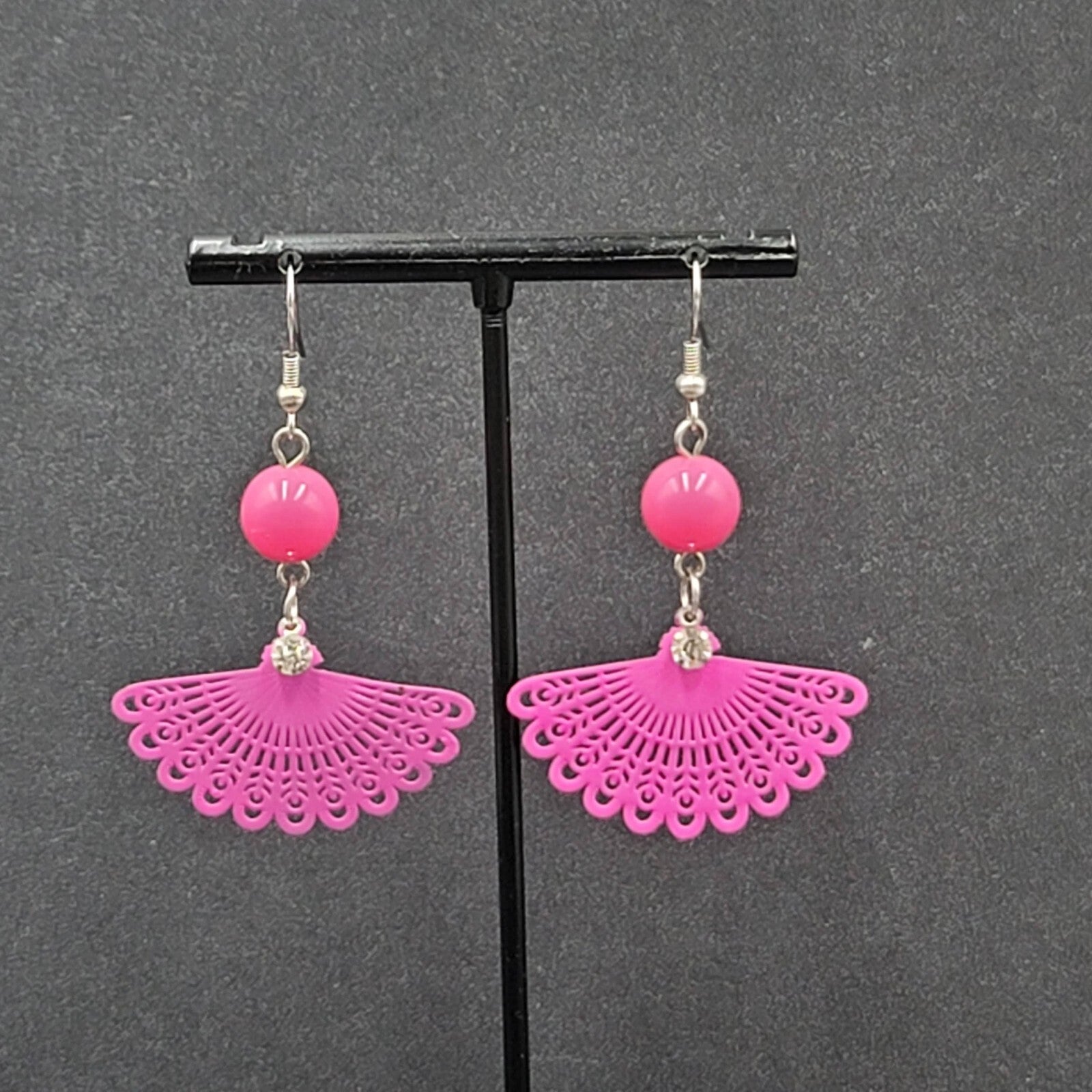 Pierced Earrings Hot Pink Enamel over Metal Fan Bead Dangle 1.75"
