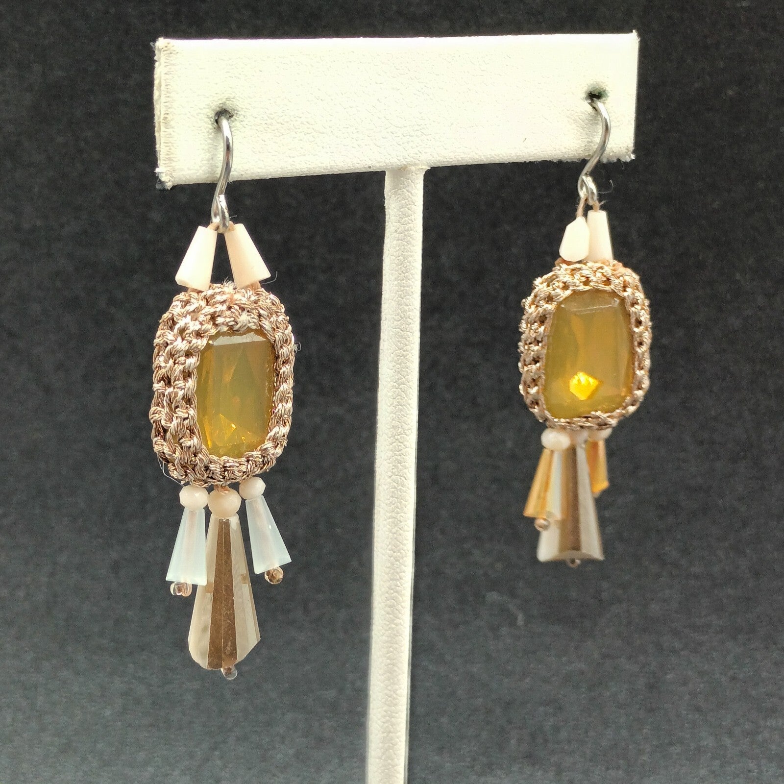 Pierced Earrings Gold tone Mesh Wrapped Yellow Faceted Acrylic Dangle 1 3/4"