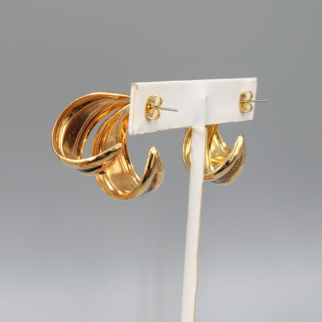 Vintage Double Hoops Pierced Earrings Black Enamel Statement Gold tone Drop 