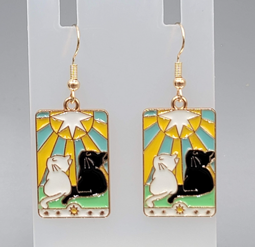 Black White Kitty Cat Sun Enamel Pierced Earrings Gold tone Dangle 1 1/8"