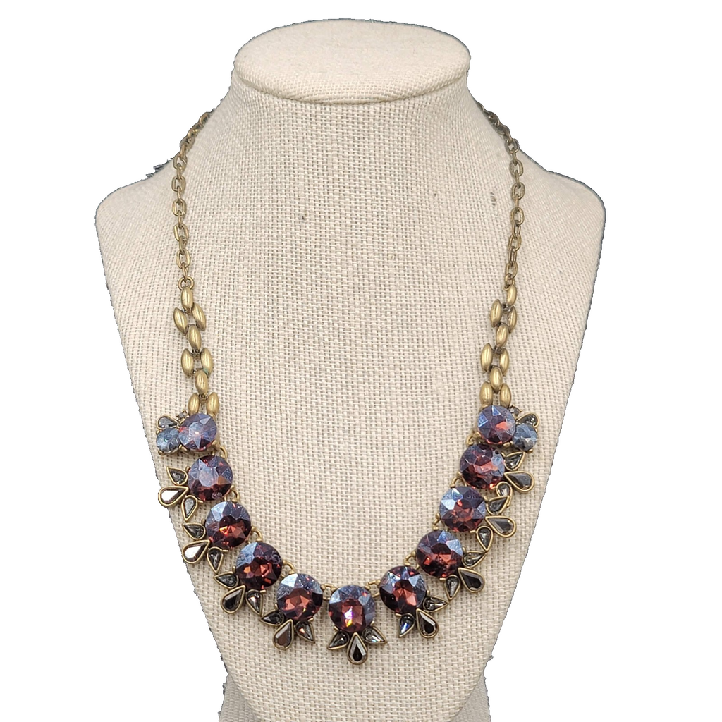 Purple Rhinestone Necklace Bronze tone Bid Statement Chain  20" - 22"