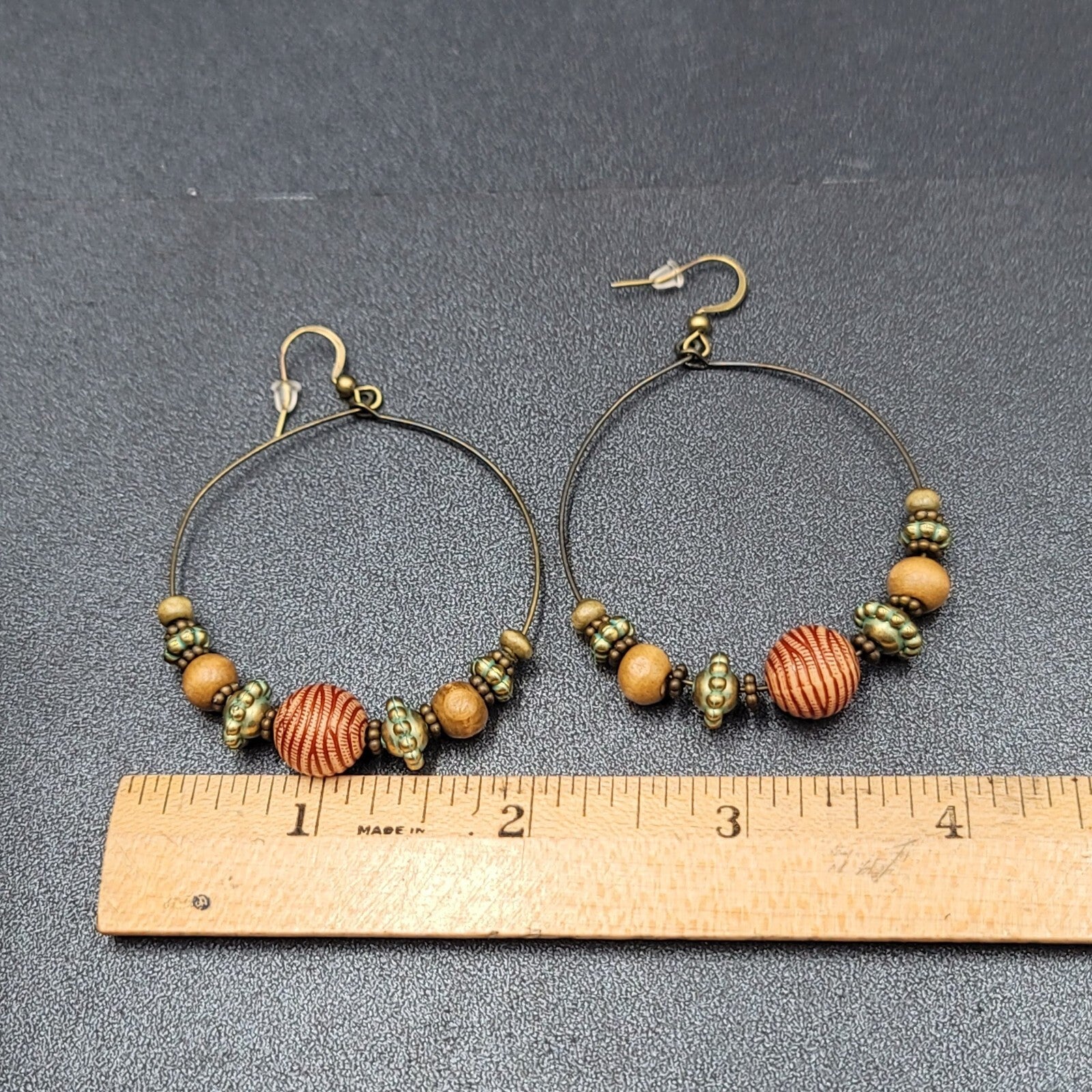 New Boho Pierced Earrings Gold tone Green Accent Wood Beaded Hoops 2"