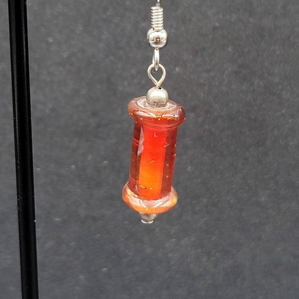 Pierced Earrings Red Cylinder Glass Bead Silver tone Dangle 1"
