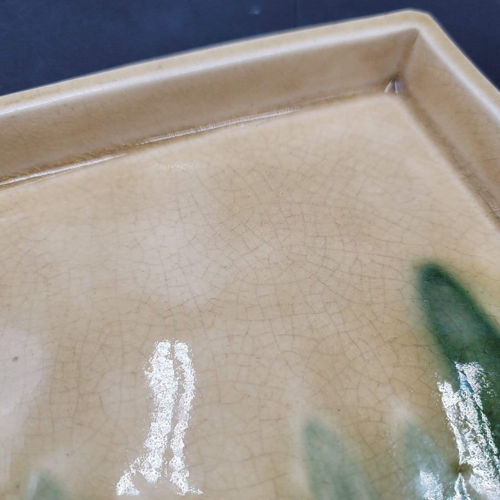 Art Pottery Plate Tray Square Asian Signed Green Yellow Crazing 7.5"x7.5"x0.75"