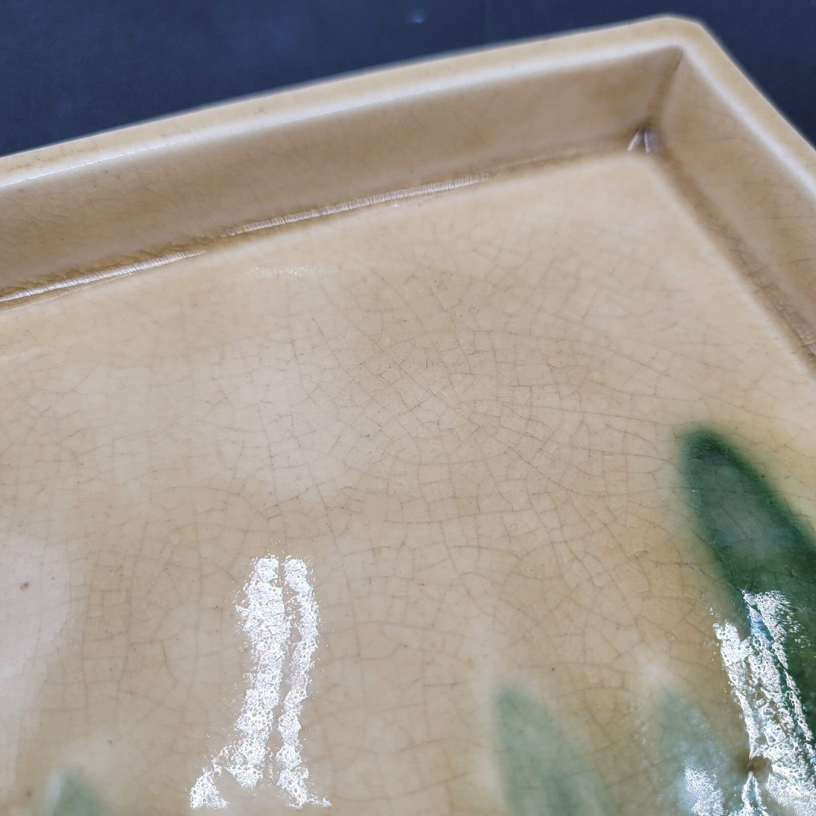 Art Pottery Plate Tray Square Asian Signed Green Yellow Crazing 7.5"x7.5"x0.75"