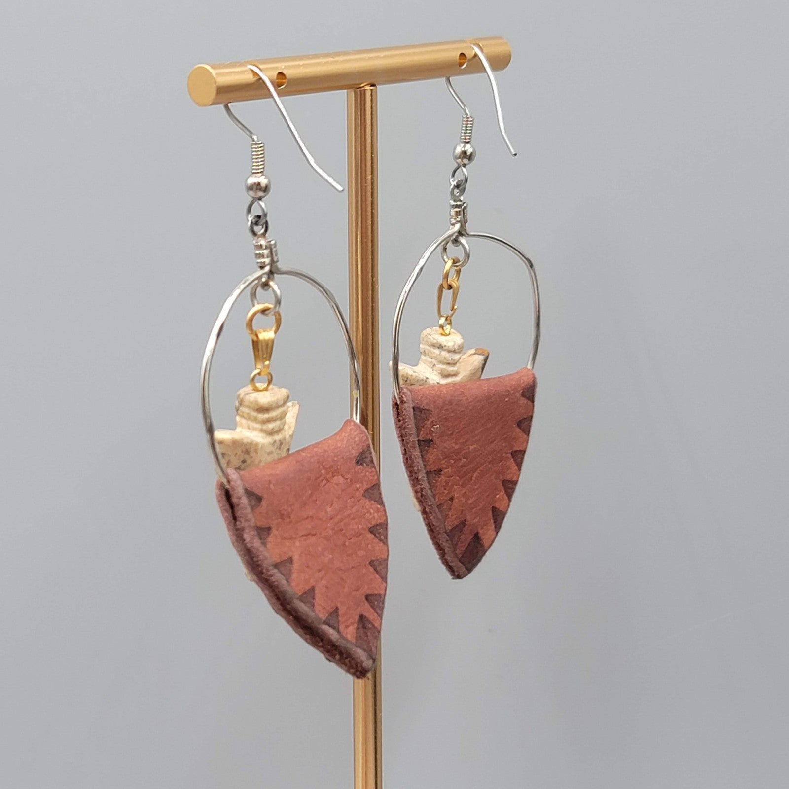 Arrowhead Pierced Earrings Boho Dangle Leather Stone Western Southwestern 2.25"