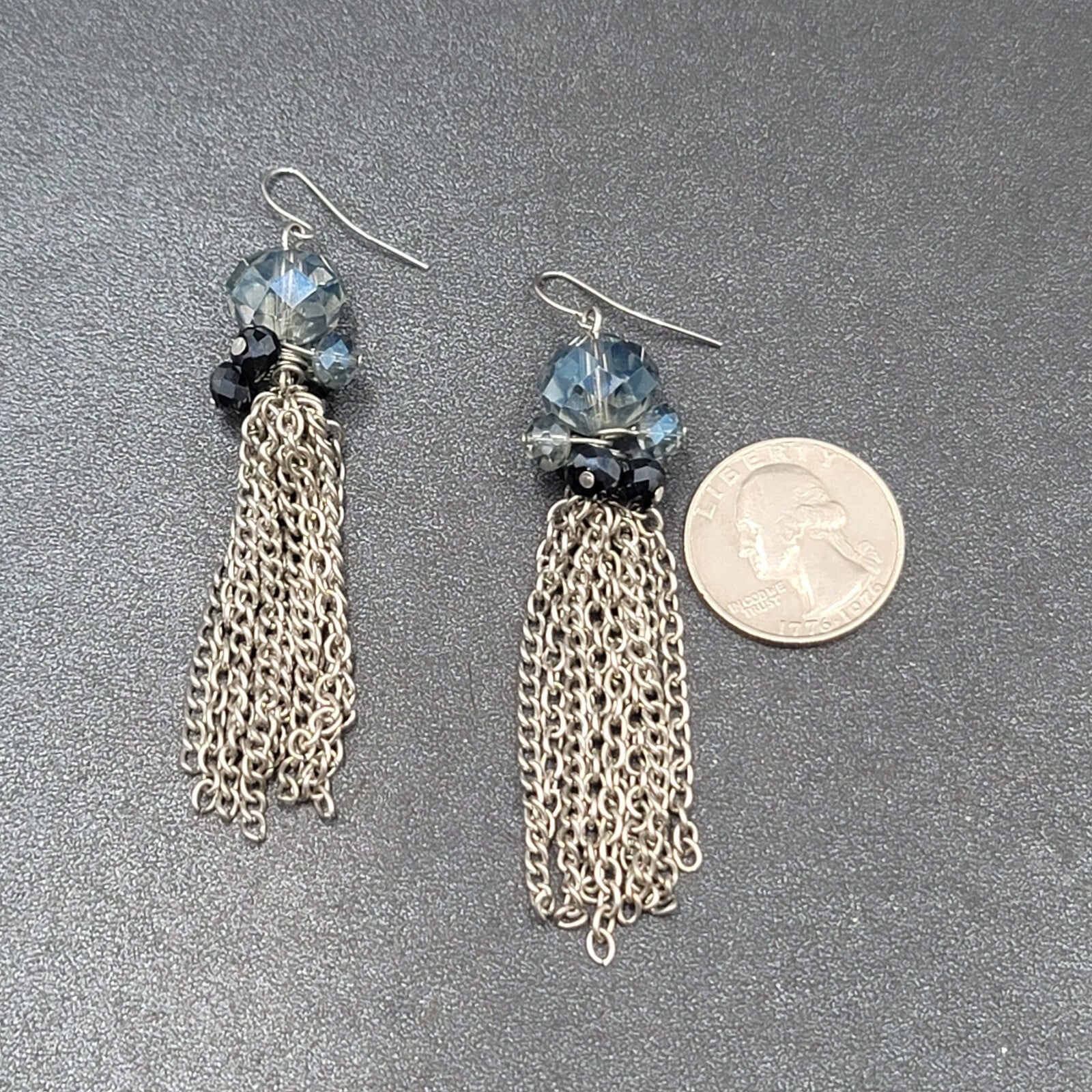 Pierced Earrings Silver tone Blue Faceted Glass Bead 3"