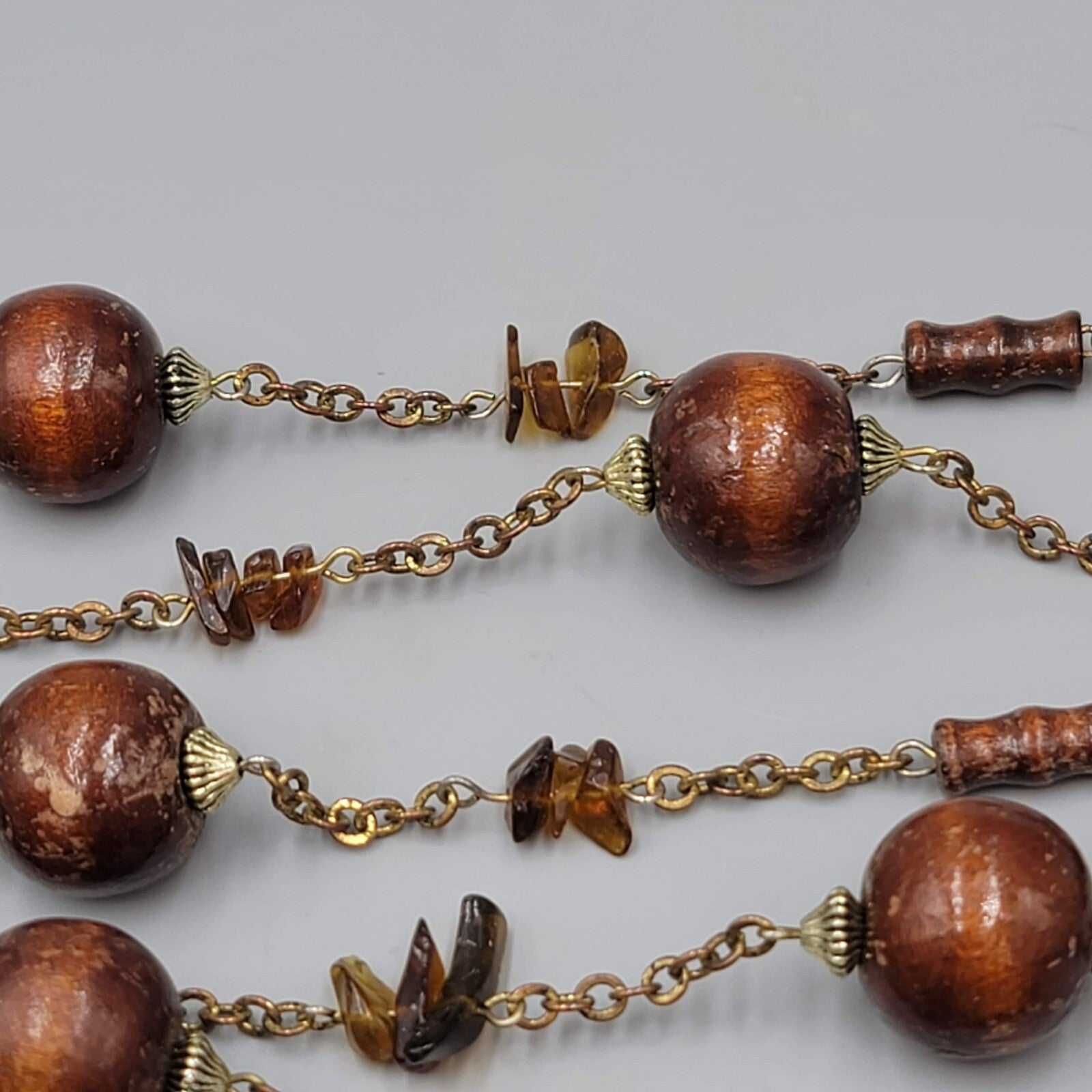 Vintage Wood Bead Necklace Amber Chip Extra Long 72"