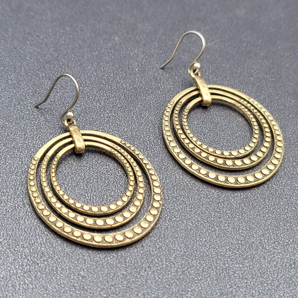 Concentric Ovals Pierced Earrings Bronze tone Embossed Dangle New 1.75"