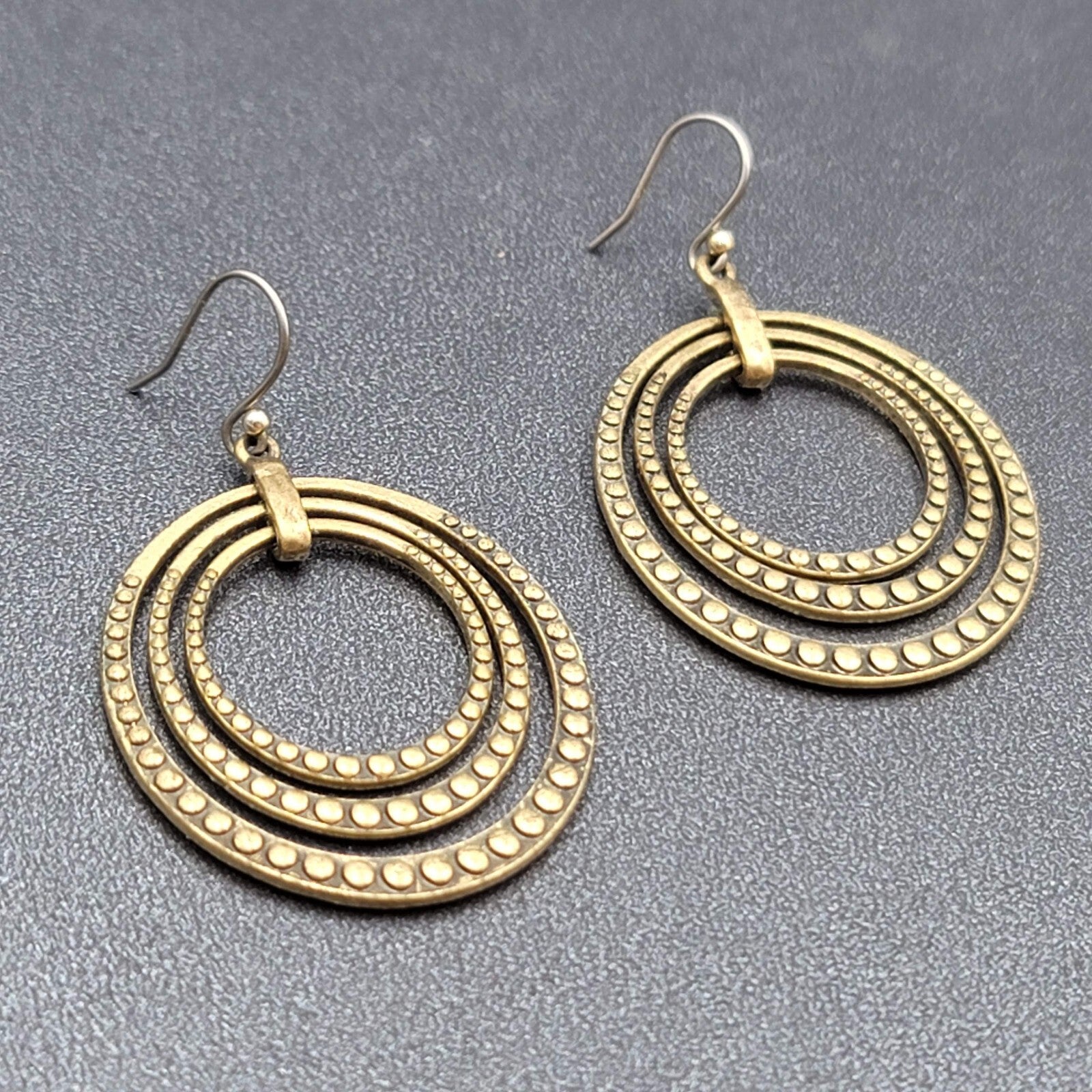 Concentric Ovals Pierced Earrings Bronze tone Embossed Dangle New 1.75"