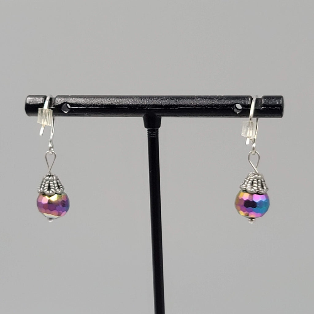 Rainbow Iridescent Sparkle Faceted Bead Dangle Pierced Earrings Silvertone 5/8"