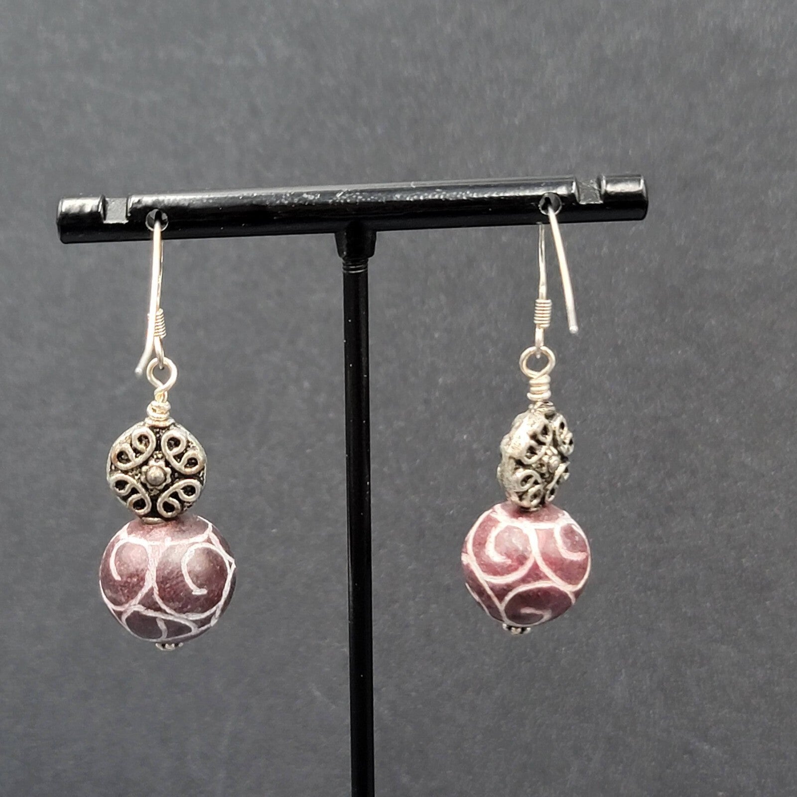 Pierced Earrings Silver tone Hand Carved Purple Stone Bead Dangle  1.25"