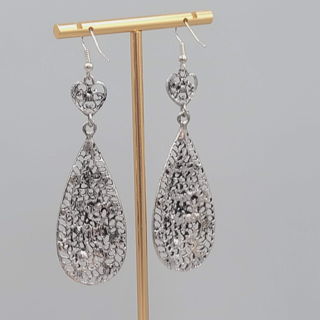 Heart Rhinestone Pierced Earrings Oxidized Silver tone Dangle Long 2.75"