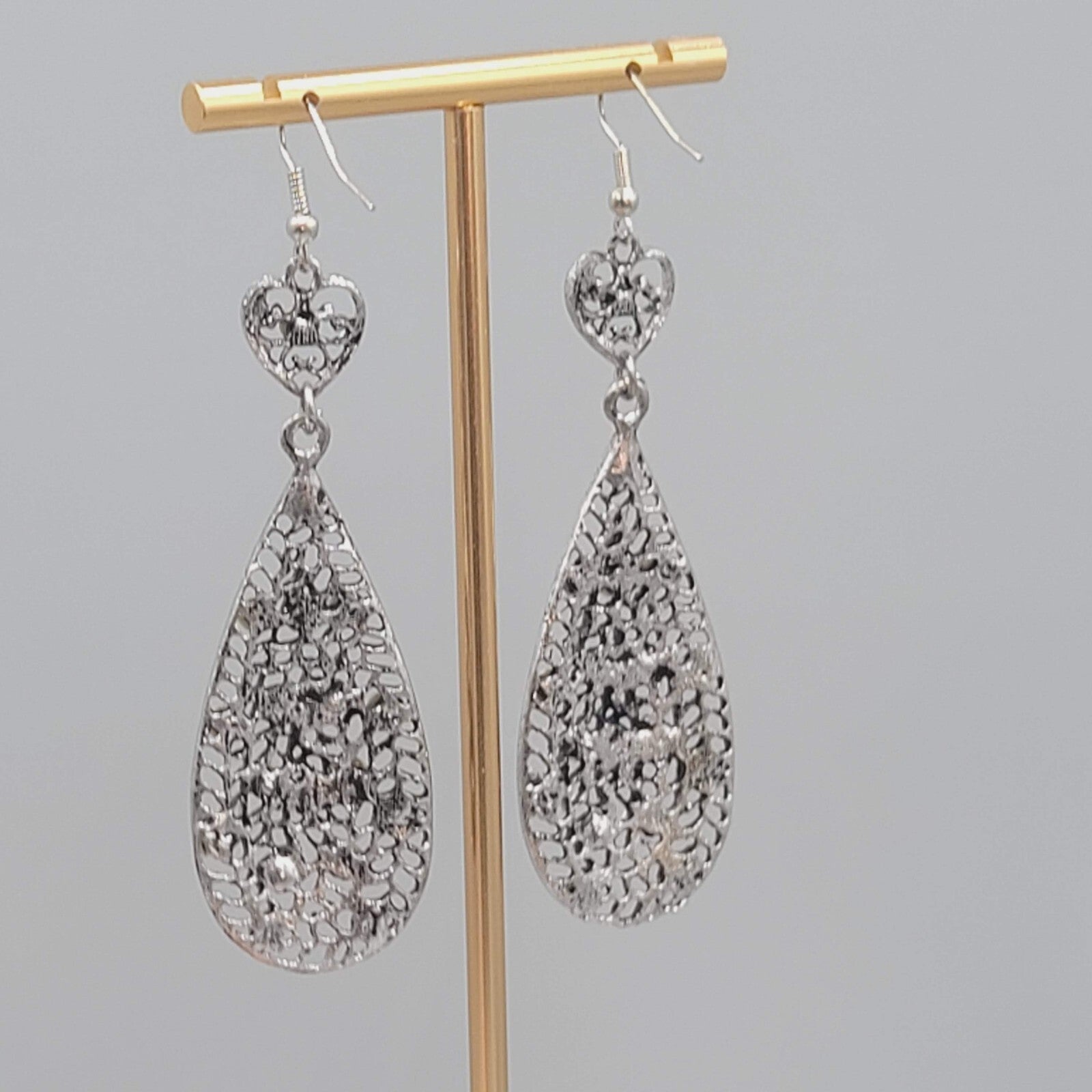 Heart Rhinestone Pierced Earrings Oxidized Silver tone Dangle Long 2.75"