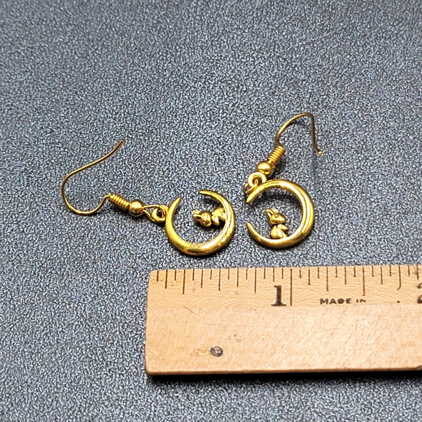 New Bunny Rabbit on Crescent Moon Pierced Earrings Gold tone Dangle 5/8"
