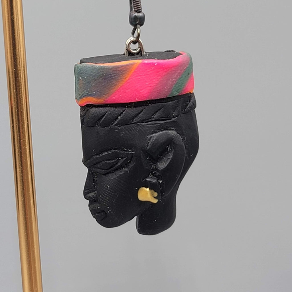 Vintage Handmade African Woman Pierced Earrings Polymer Clay 1.5 in