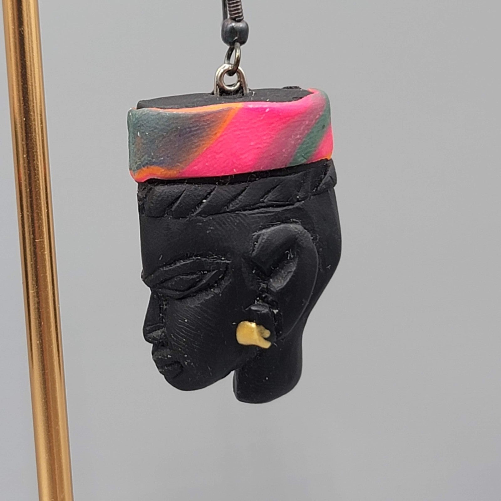 Vintage Handmade African Woman Pierced Earrings Polymer Clay 1.5 in