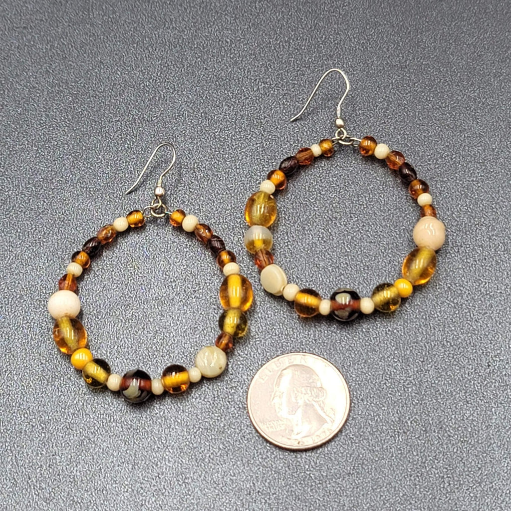 Pierced Earrings Silver tone Brown Glass Bead Hoops 2"