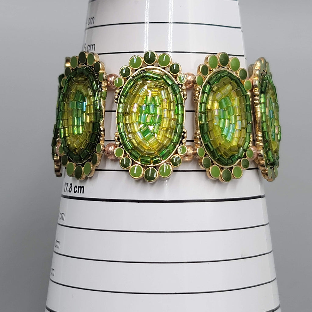 Green Seed Bead Panel Elastic Bracelet Gold tone 6"
