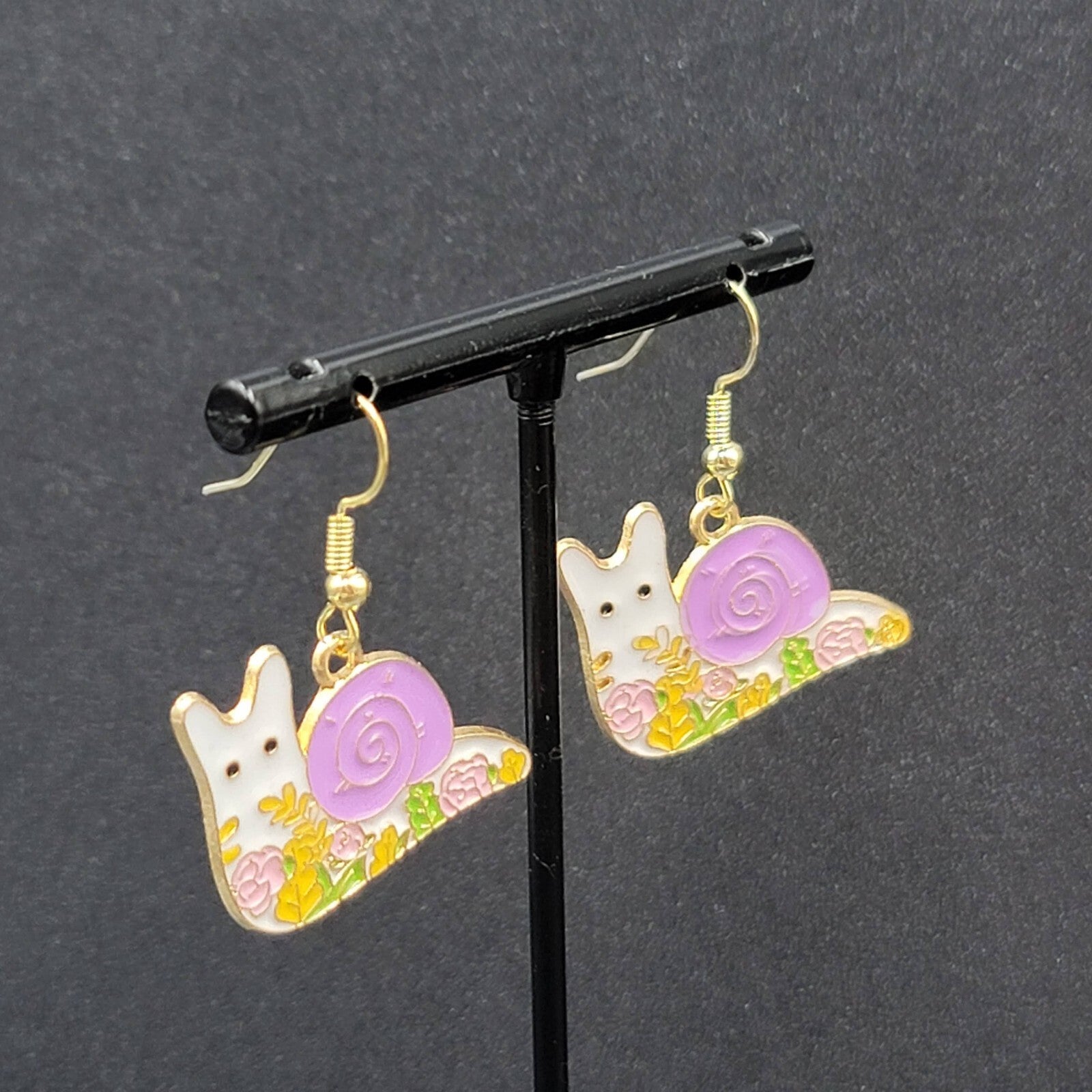Purple Snail Pierced Earrings Gold tone Enamel Flowers Dangle 3/4"