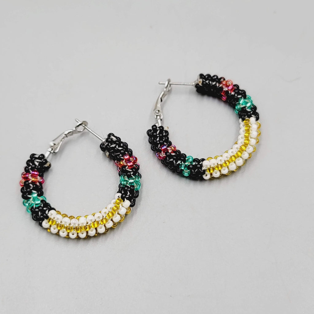 Multicolor Seed Bead Wrapped Hoops Pierced Earrings Silver tone 1.25"