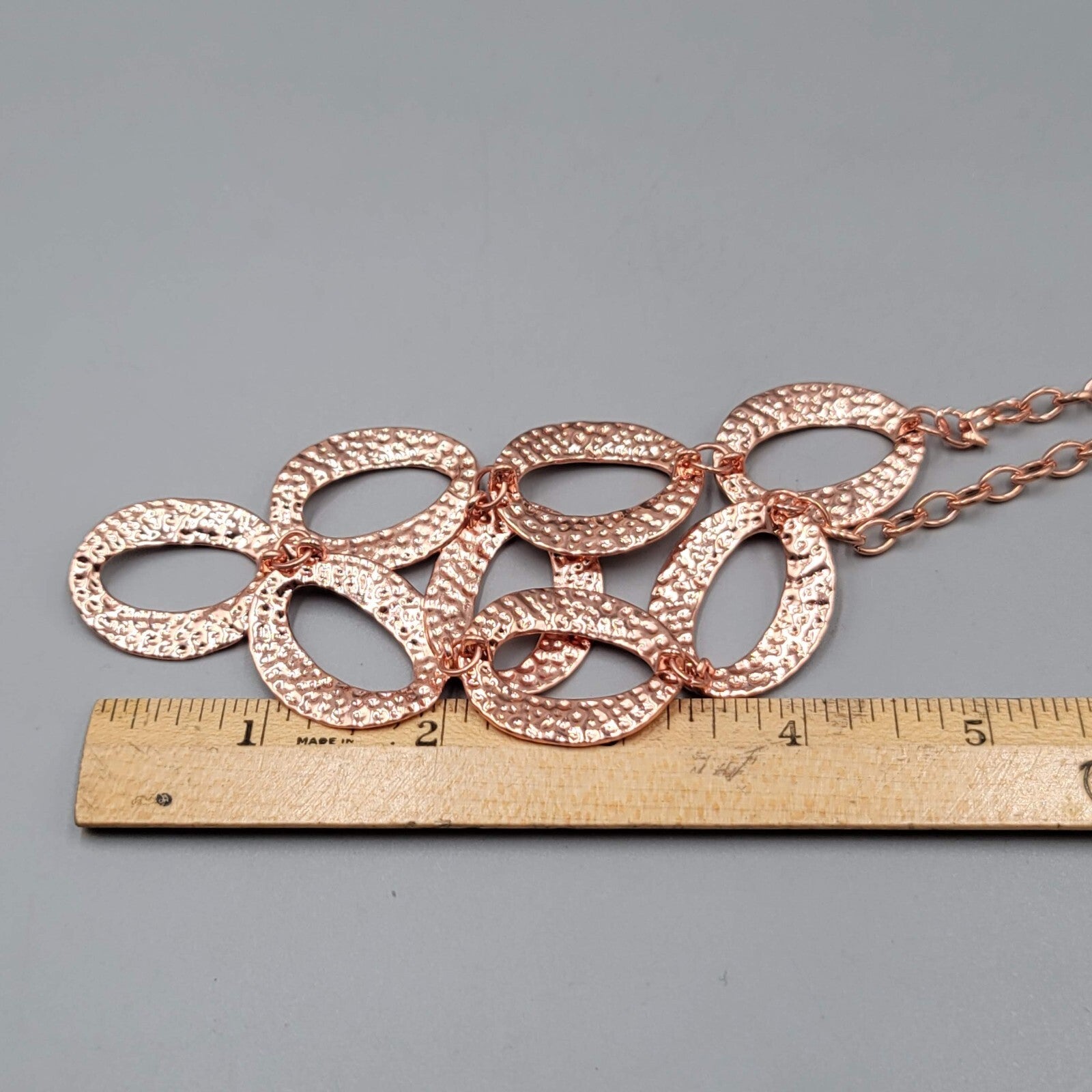 Copper tone Hammered Metal Necklace Bib Statement 18"