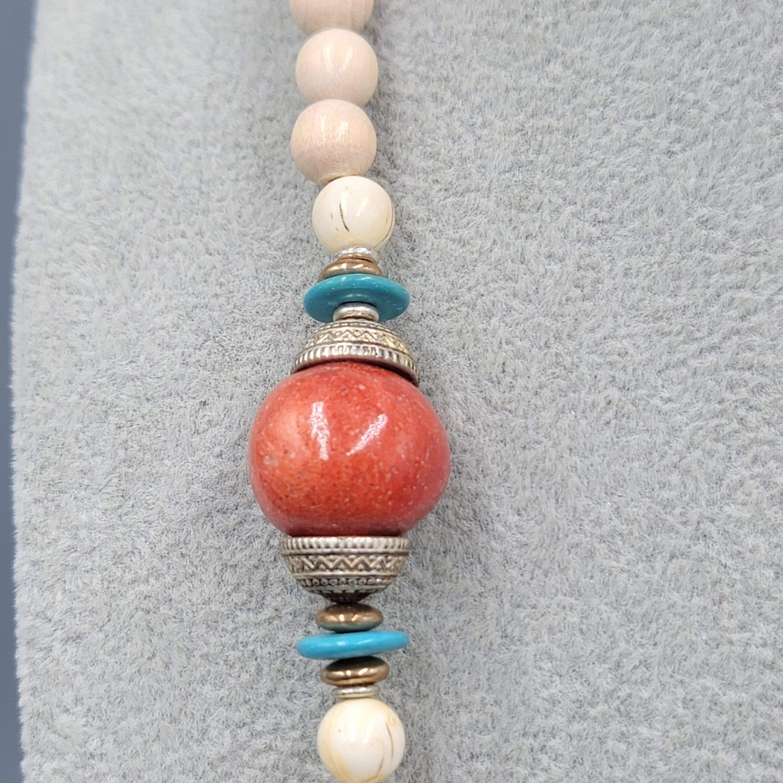 Vintage Coral and White Wood Bead Necklace Statement 24"
