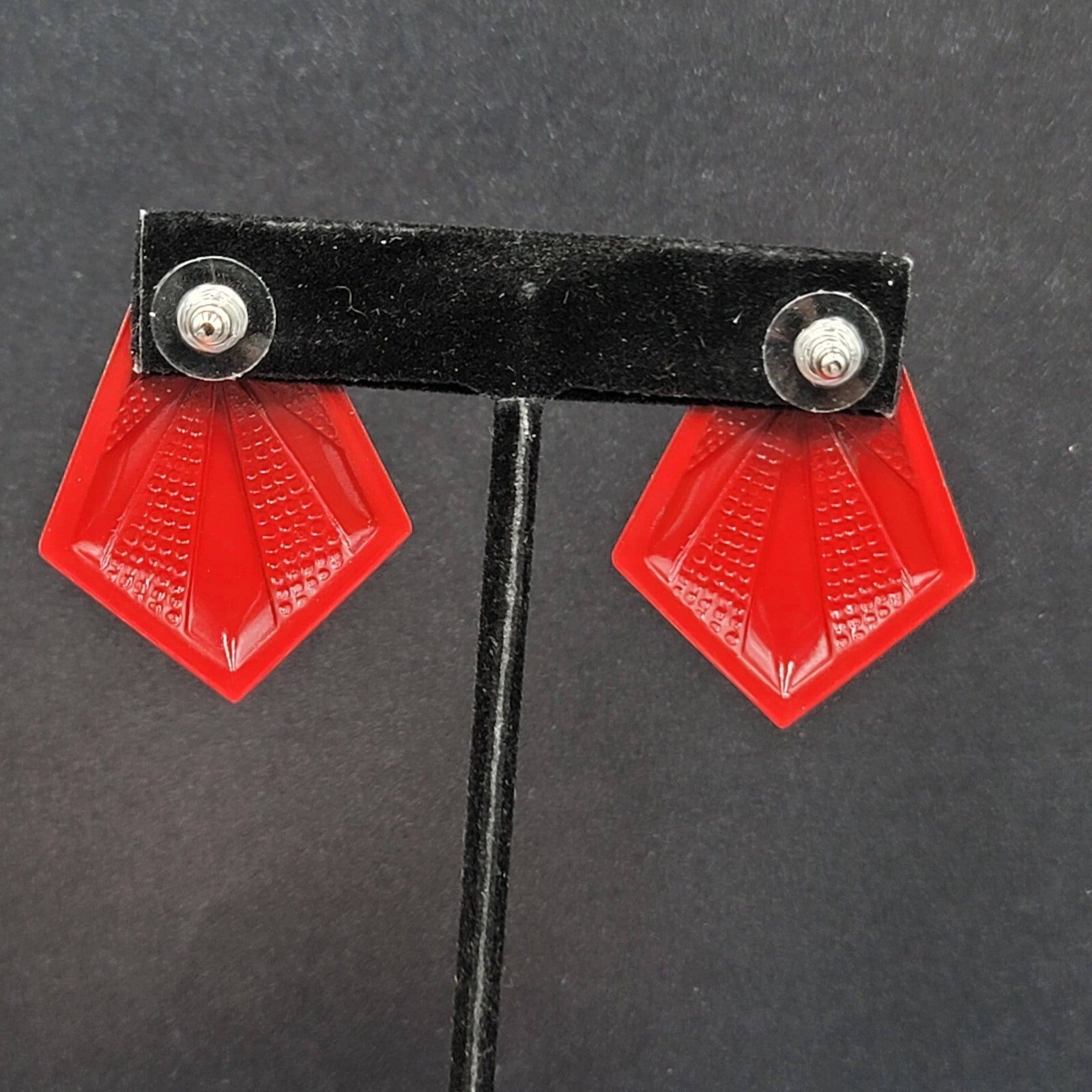 Vintage Pierced Earrings Red Embossed Enamel over Metal Drop 1.5"