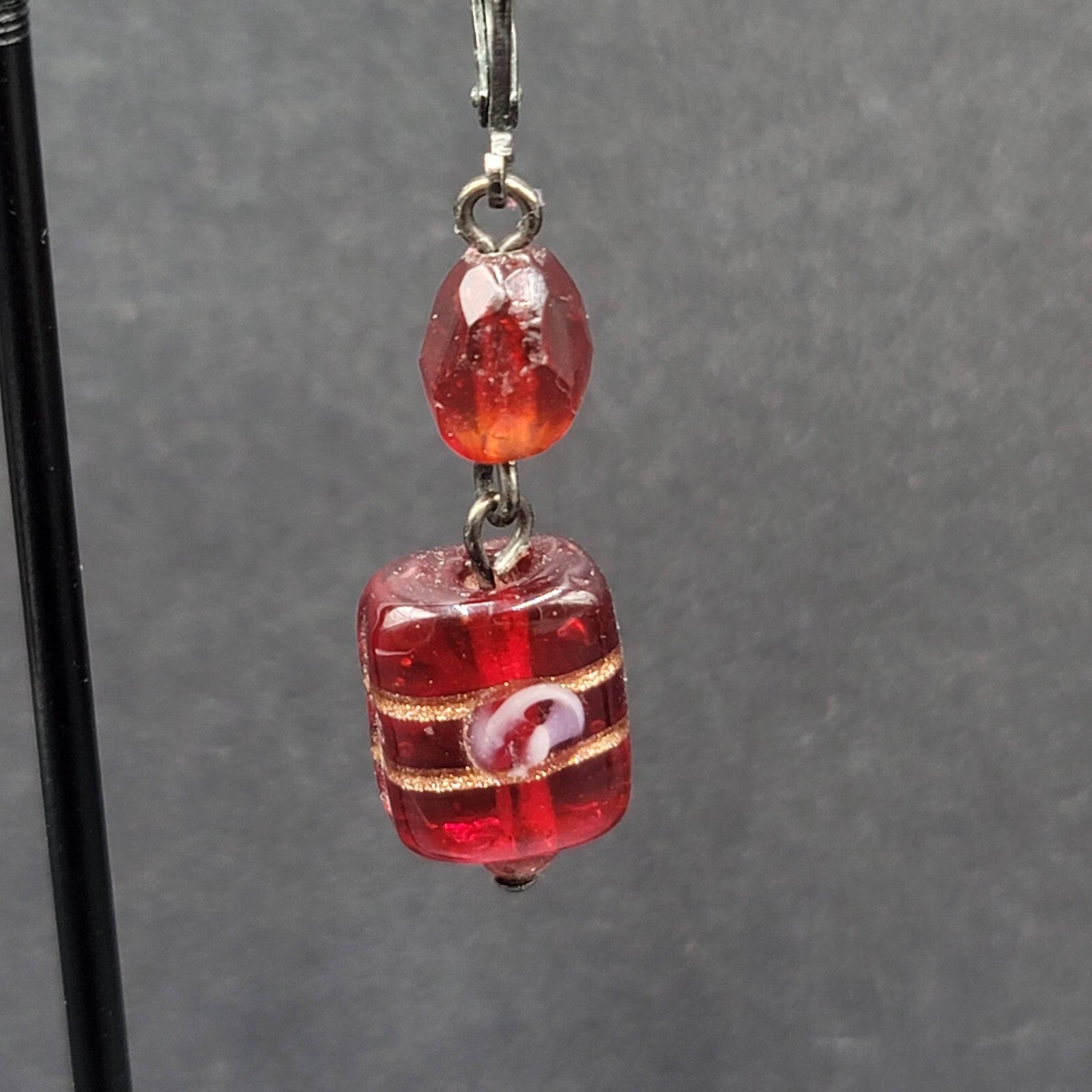 Pierced Earrings Black Metal Red Art Glass Beads 1.25"