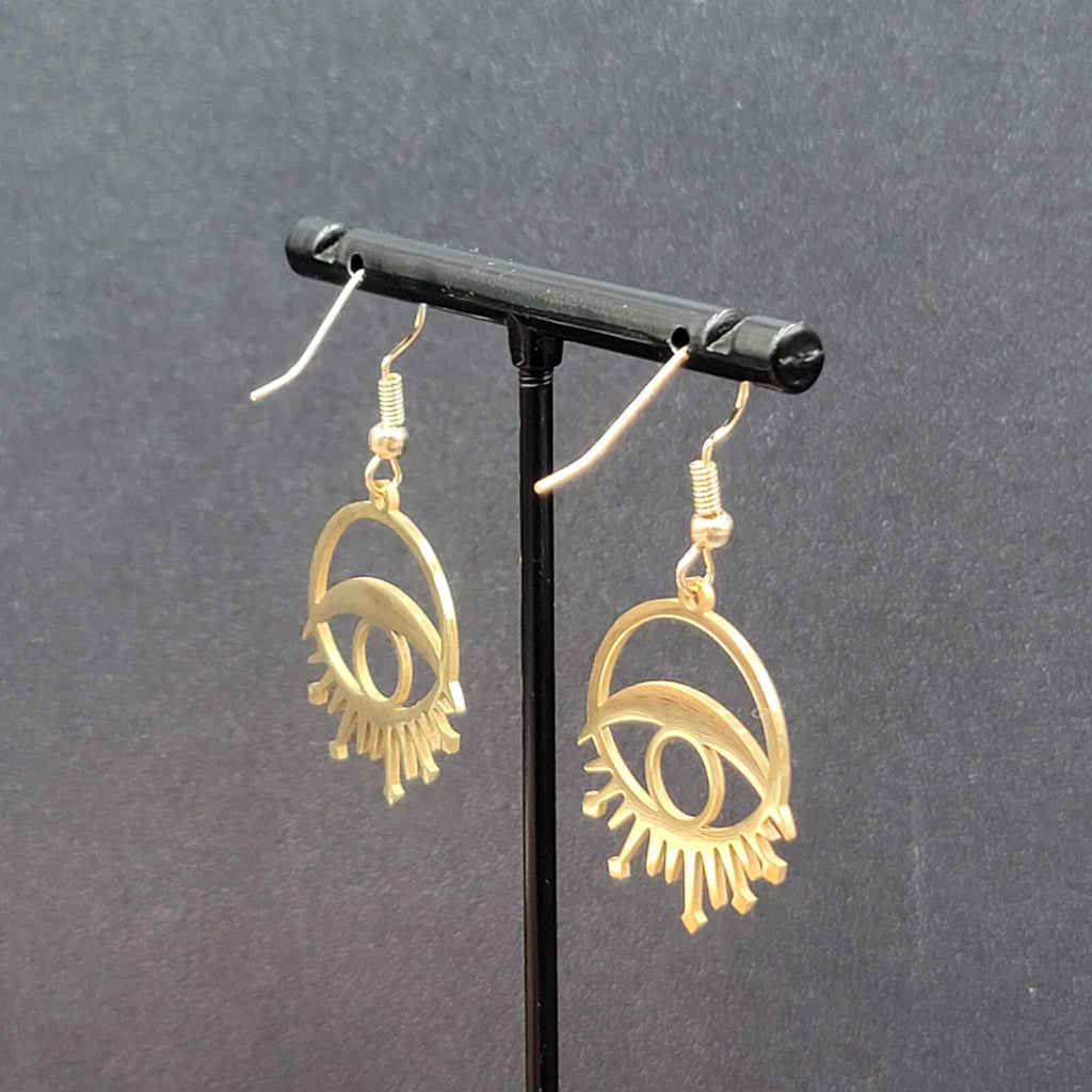 New Evil Eye Pierced Earrings Sun Rays Gold Plated Statement Dangle 1"