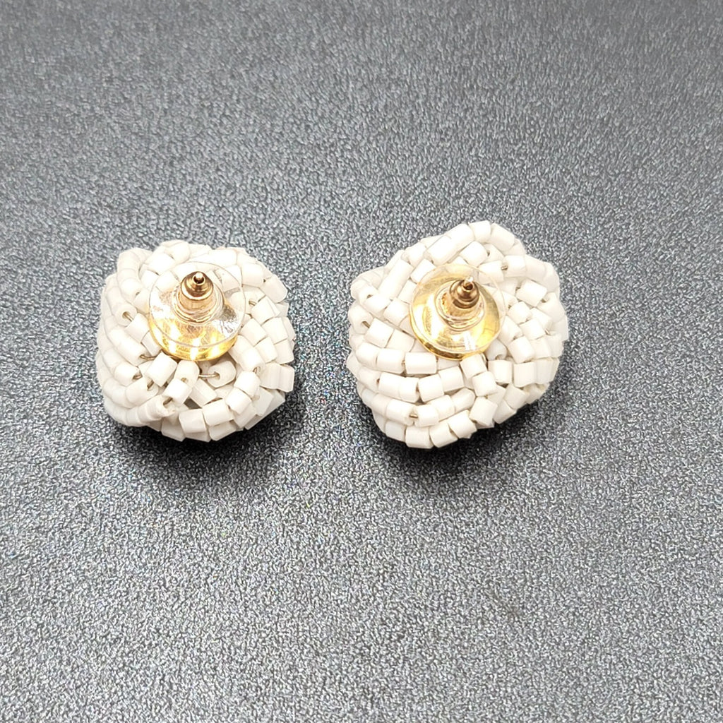 Vintage Pierced Earrings White Seed Beads Knot Estate Jewelry 1"