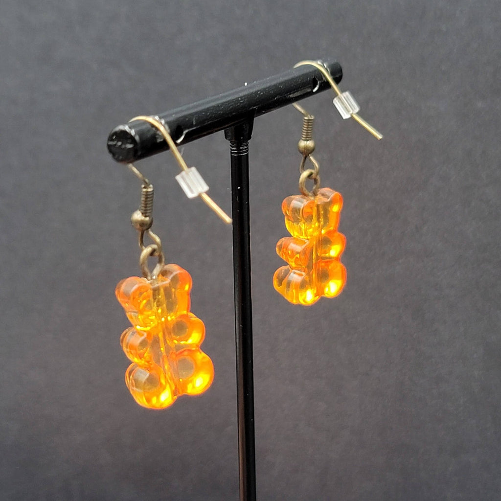 New Orange Gummy Bear Pierced Earrings Bronze tone Hooks Dangle 3/4"