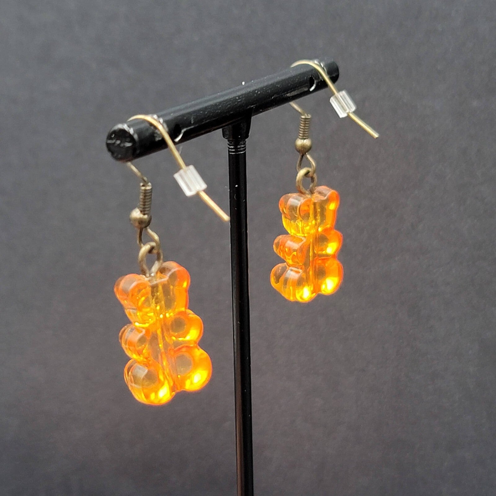 New Orange Gummy Bear Pierced Earrings Bronze tone Hooks Dangle 3/4"