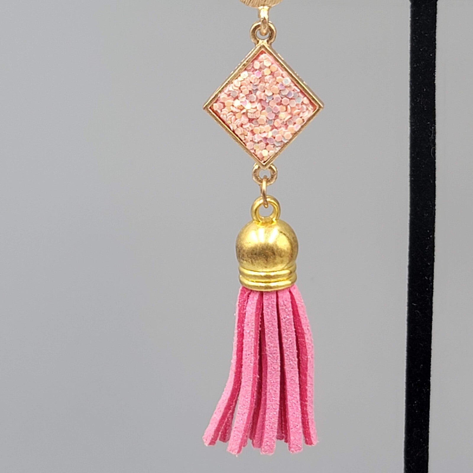 Pink Tassel Pierced Earrings Gold tone Dangle Long 3"