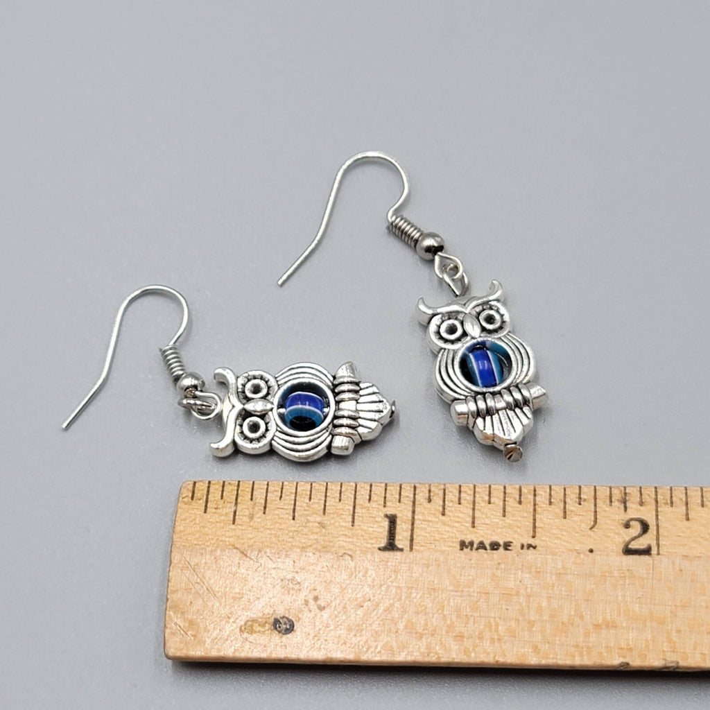 Owl Evil Eye Pierced Earrings Silver tone Blue Bead Dangle 1"