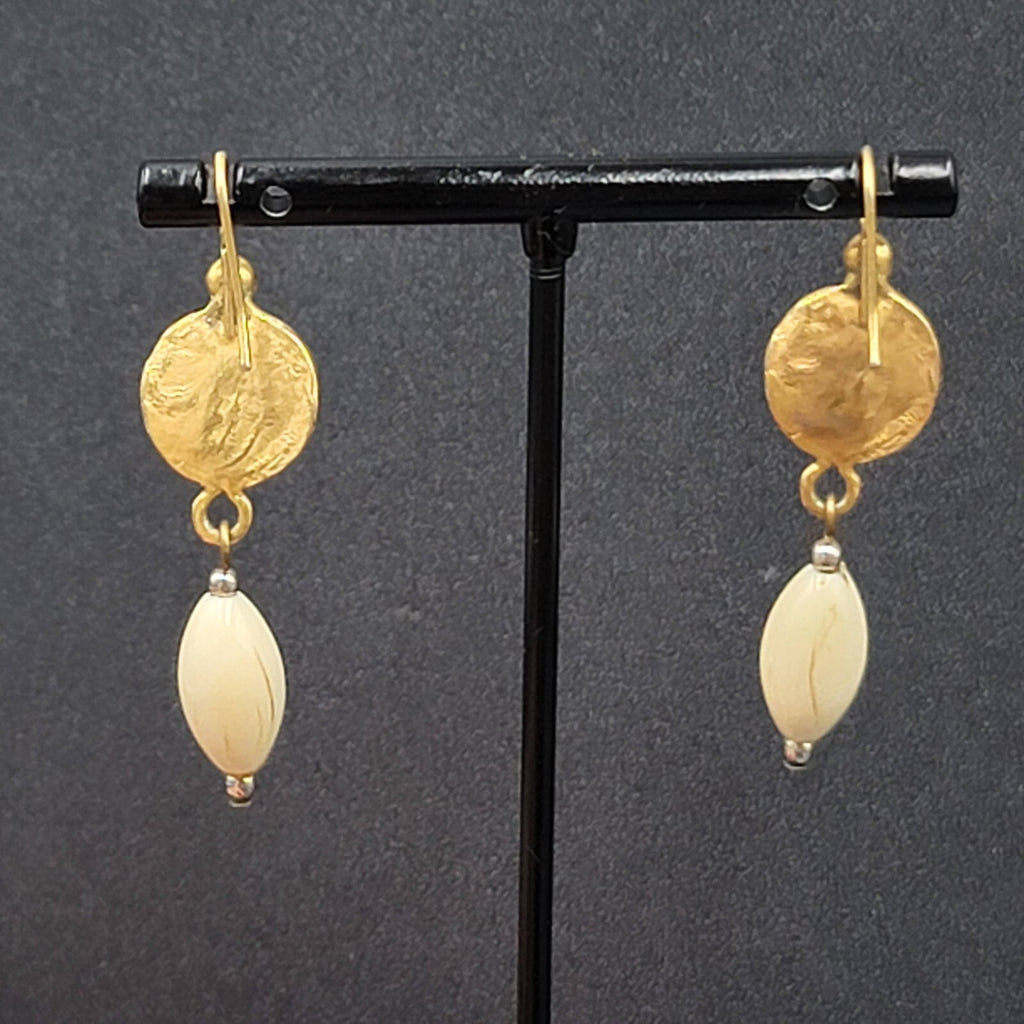 Pierced Earrings Brushed Gold Plated White Bead Dangle 1.5"