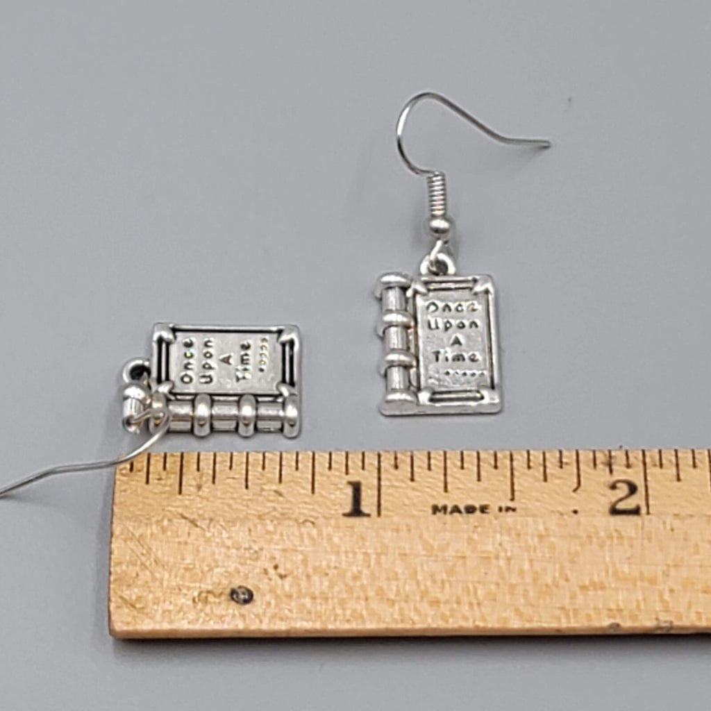 Book Pierced Earrings Once Upon a Time Silver tone Dangle NEW 5/8"
