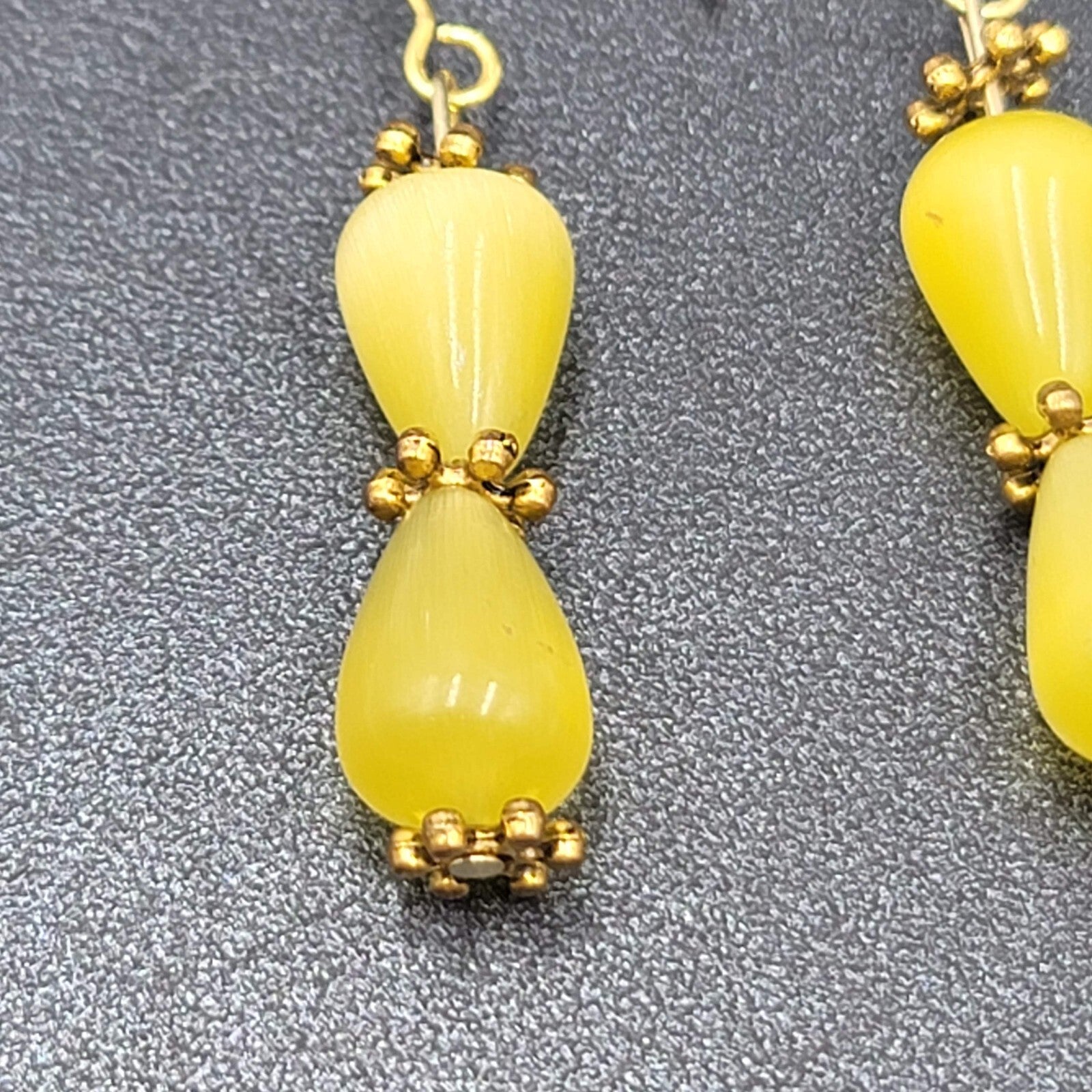 Pierced Earrings Gold tone Yellow Cats Eye Stone Beads Dangle 1.5"