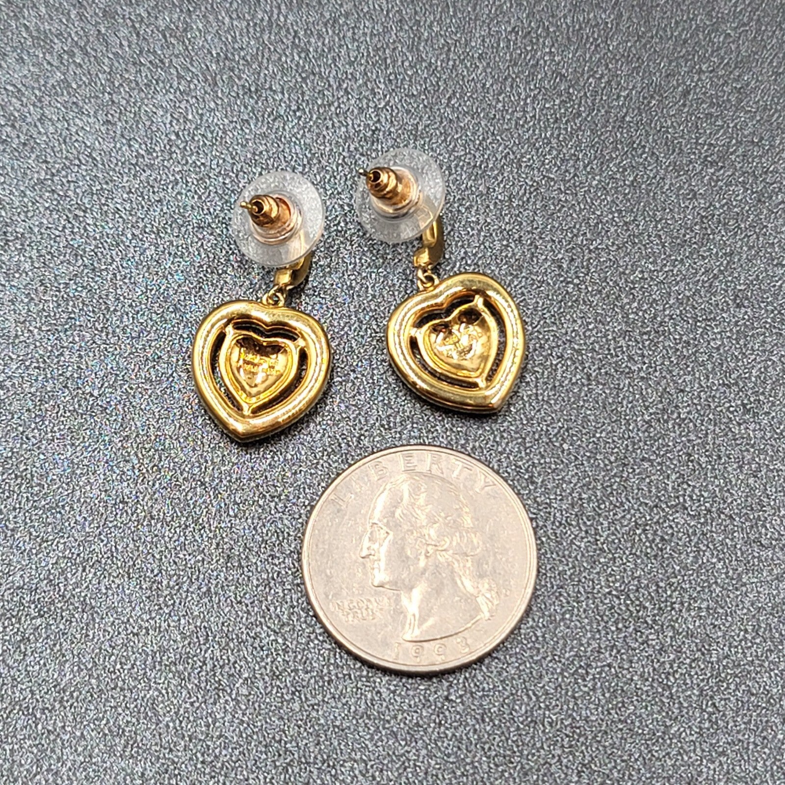 Sterling Silver Pierced Earrings Gold Plated Crystal Heart Dangle 1" 925