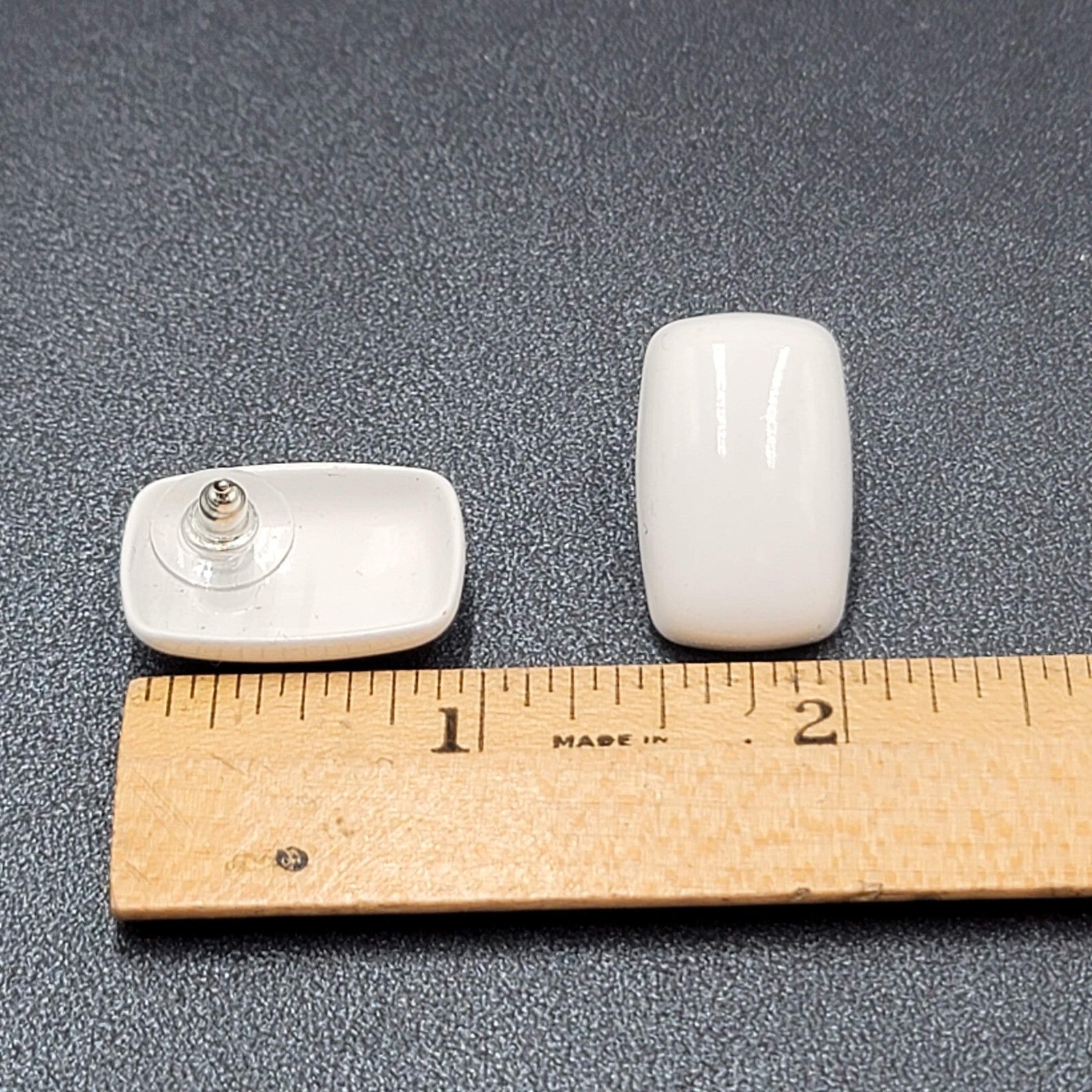 Vintage Pierced Earrings White Enamel over Metal Rectangle Drop 1"