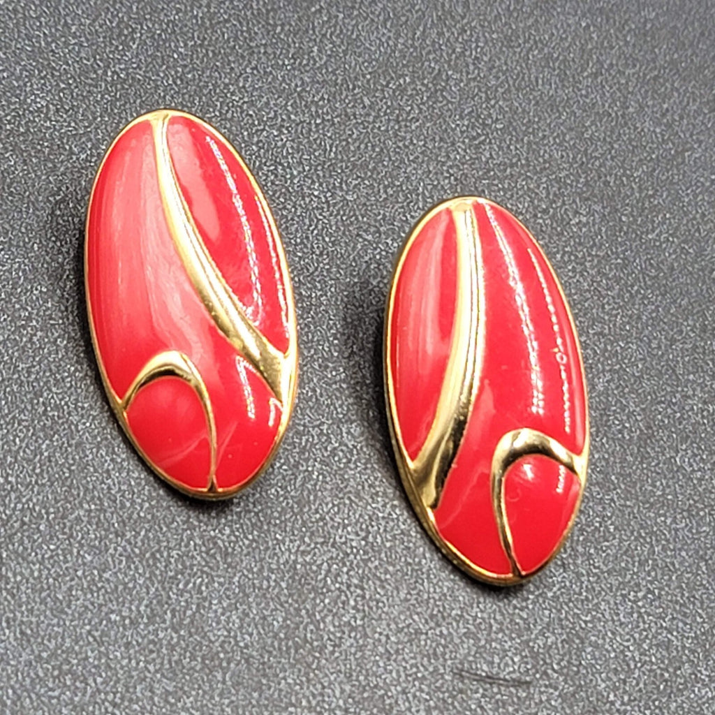 Vintage Pierced Earrings Gold tone Red Enamel Oval Drop 1.25"