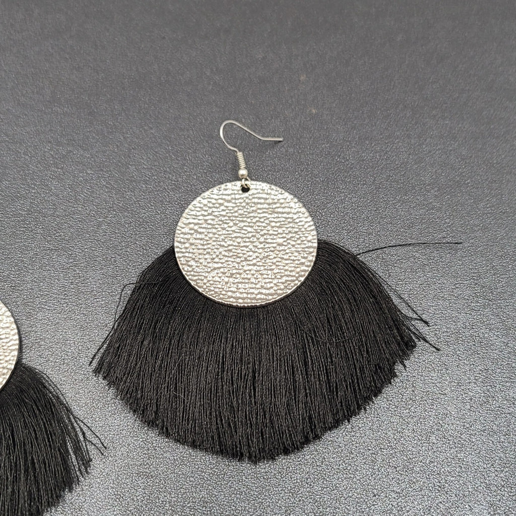 Pierced Earrings Silver tone Black Tassel Statement Dangle 2.5"
