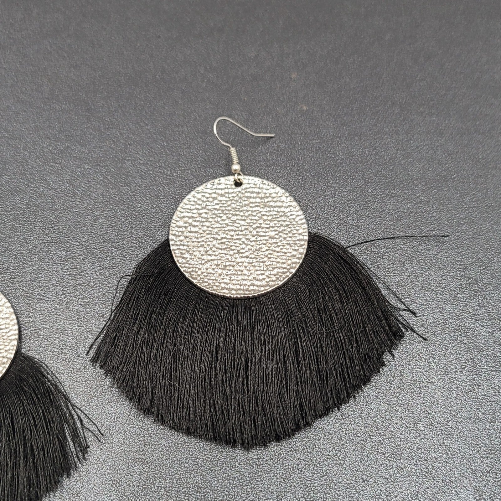 Pierced Earrings Silver tone Black Tassel Statement Dangle 2.5"