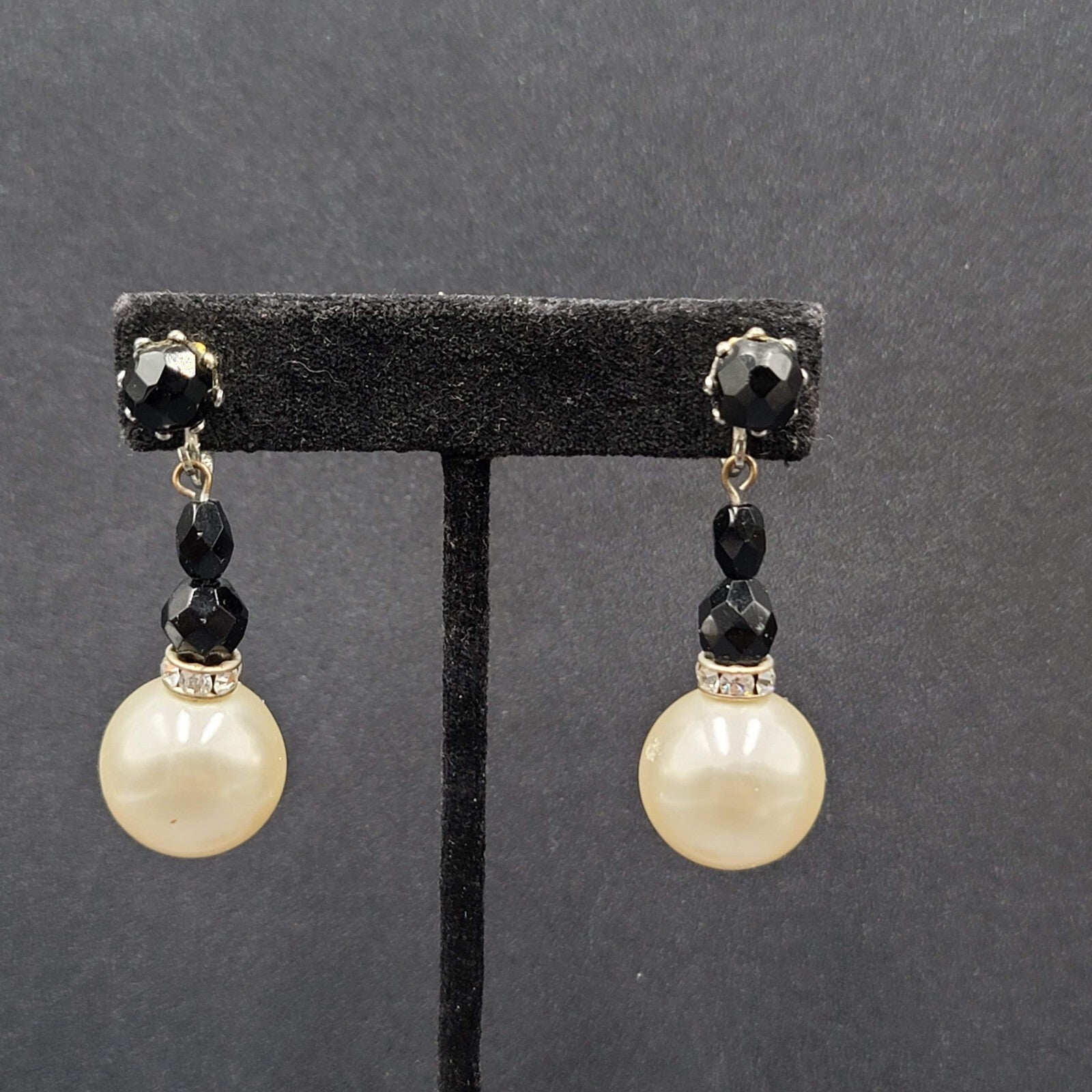 Vintage Clip on Earrings Black White Dangle Beads 1.5"